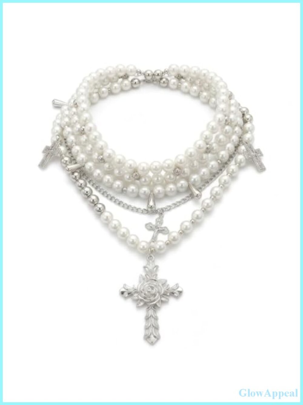 Layered Faux Pearl Cross Choker Necklace Adjustable Gothic Punk Jewelry